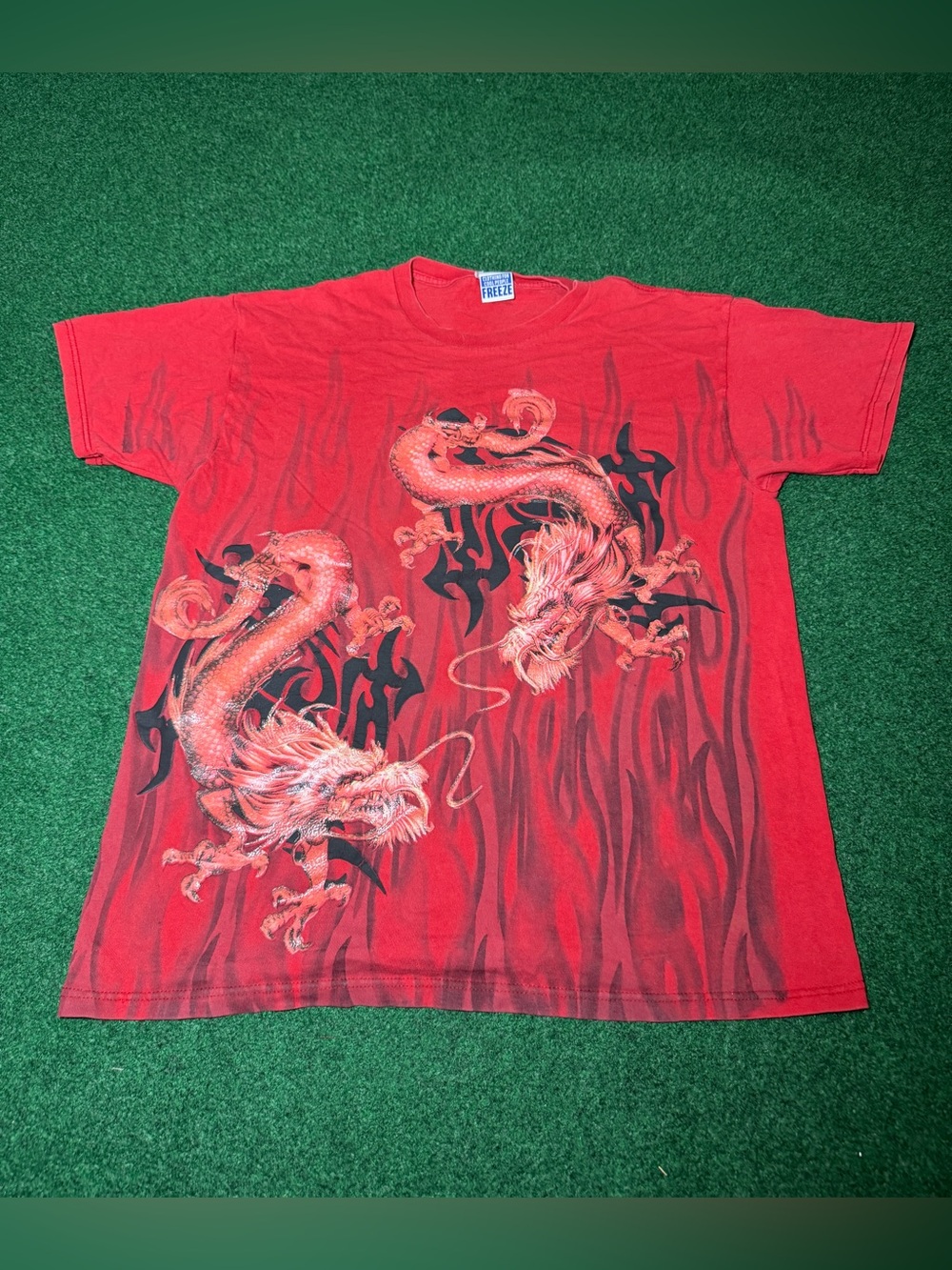 Y2K Dragon T Shirt Vintage Large Red Jnco Flame Freeze Kanji Grunge Hip Hop